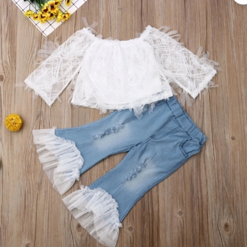 White Lace Off-Shoulder Top & Light Blue Ruffle Hem Jeans Toddler Girls Kids Set
